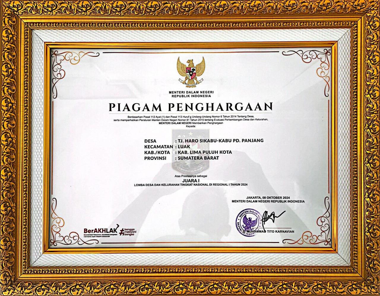 Piagam Juara 1 Nasional - Sitapa